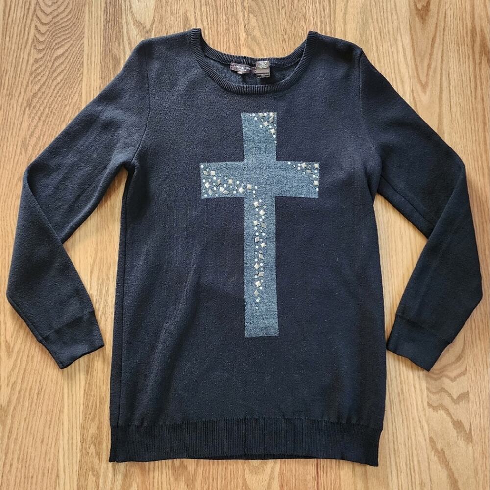 Linda Mathews Crewneck Pullover Sweater Cross Black Gray Rhinestone Size XL